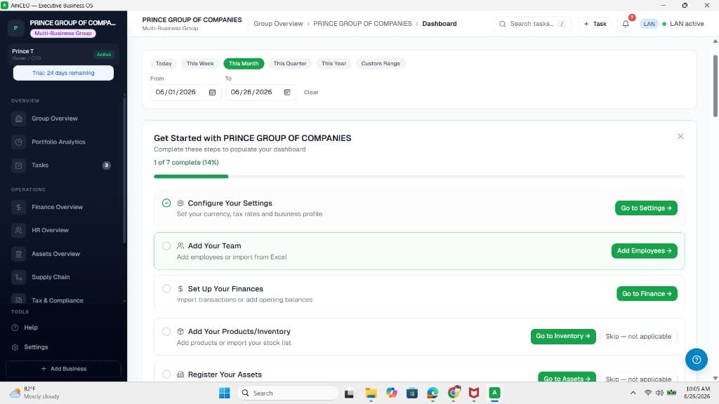 AmCEO dashboard showing business overview, onboarding checklist, and operations modules