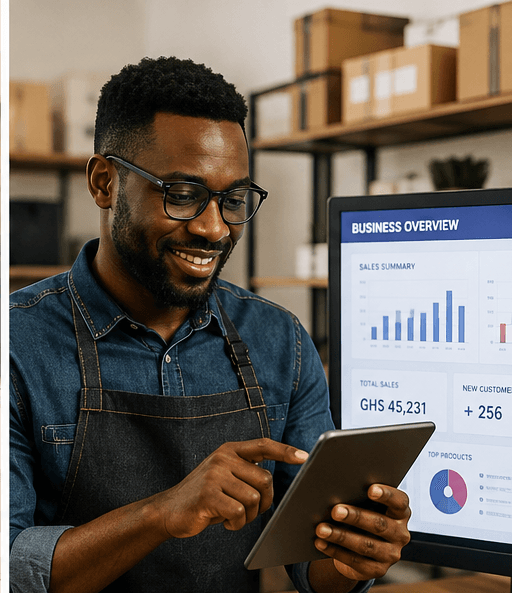 Business owner reviewing AmCEO dashboard and analytics on tablet