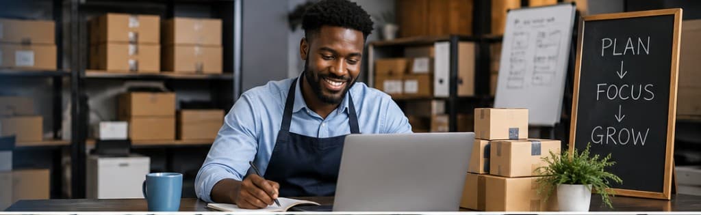 Business owner working on laptop in a warehouse with packages and shelving