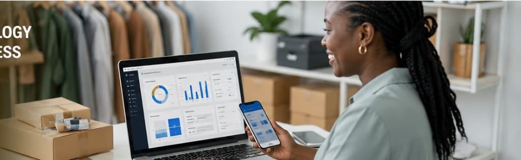 Business owner reviewing analytics on tablet and laptop